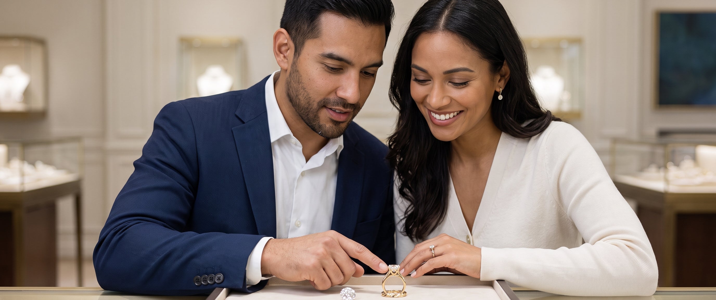 A smiling couple views intricate architectural details on a gold ring setting together at a jeweler's desk.