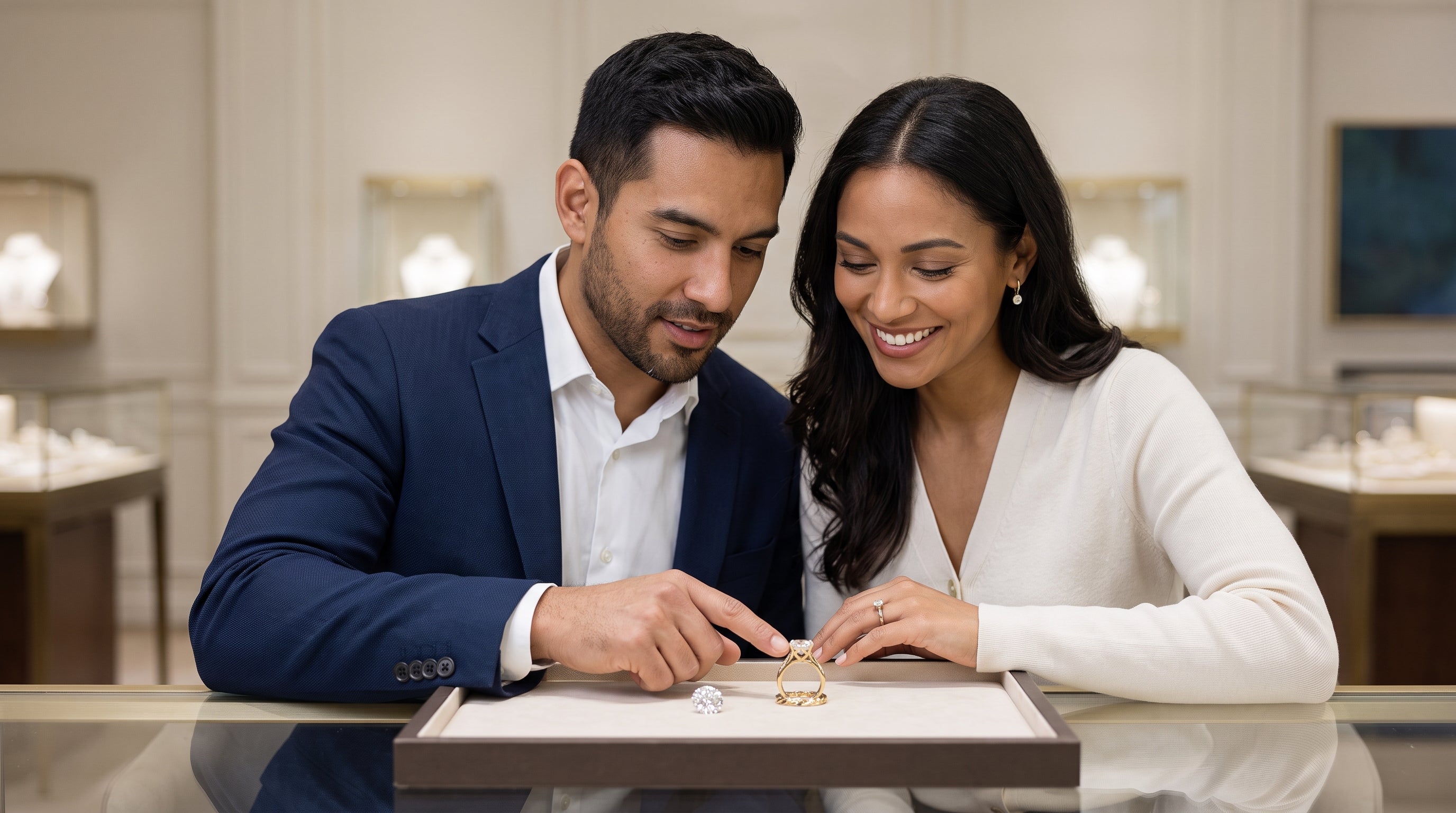 A smiling couple views intricate architectural details on a gold ring setting together at a jeweler's desk.