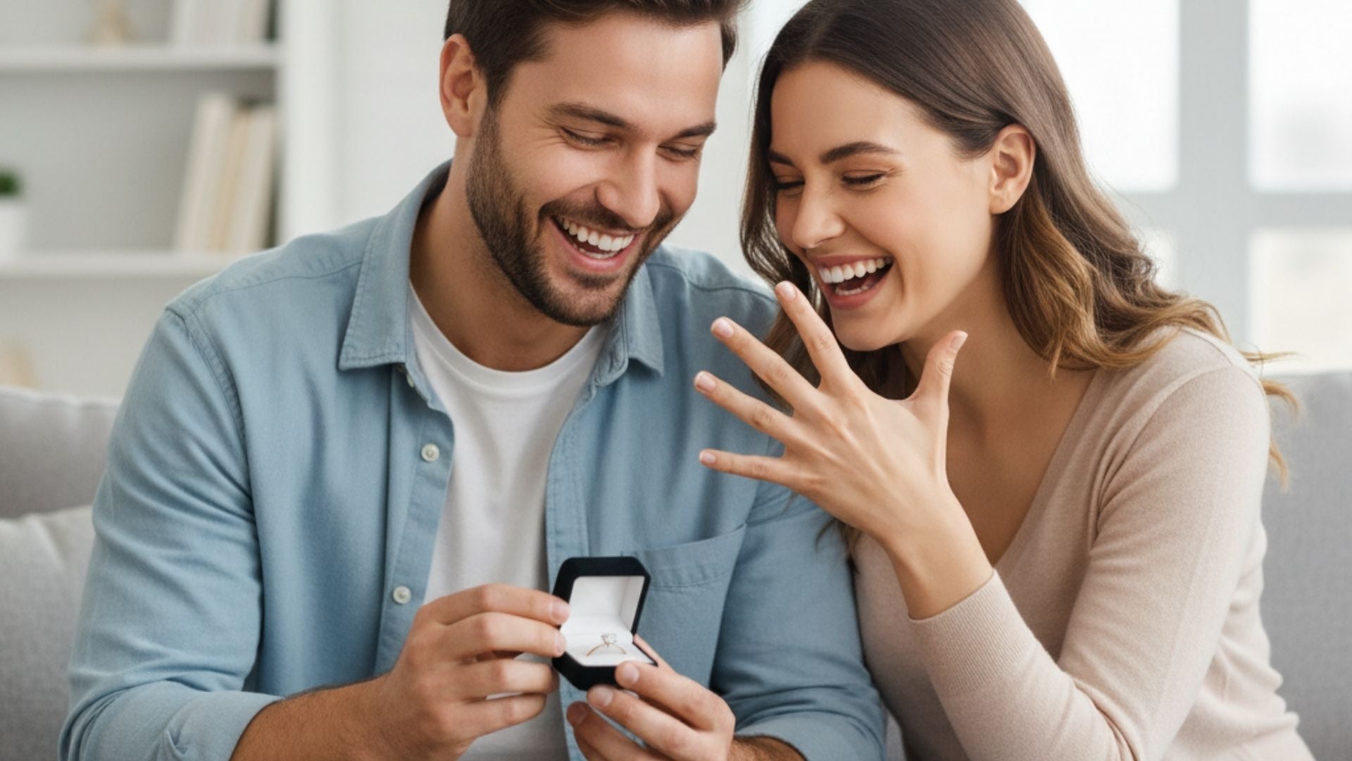 man proposes to a woman with an engagement ring, and she is happily surprised