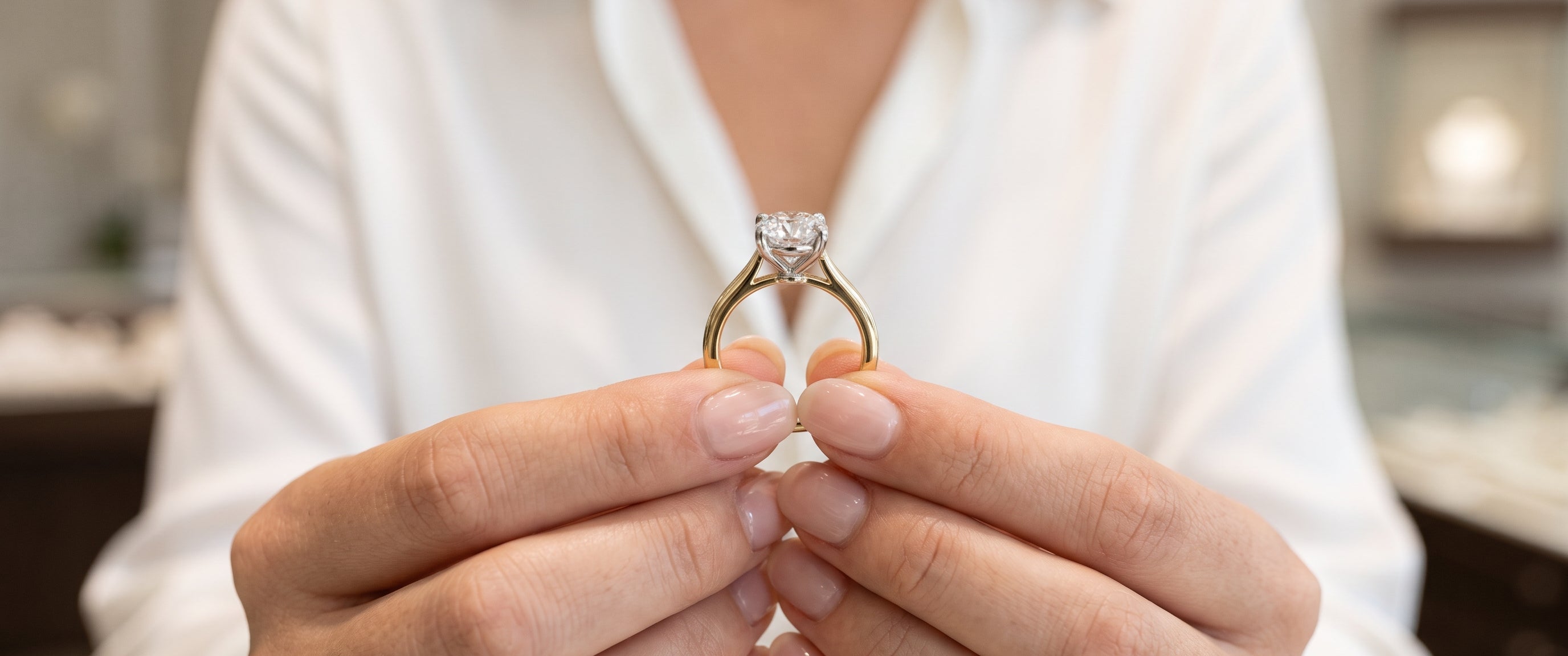 A bride smiles as she views a platinum and gold mixed metal engagement ring.