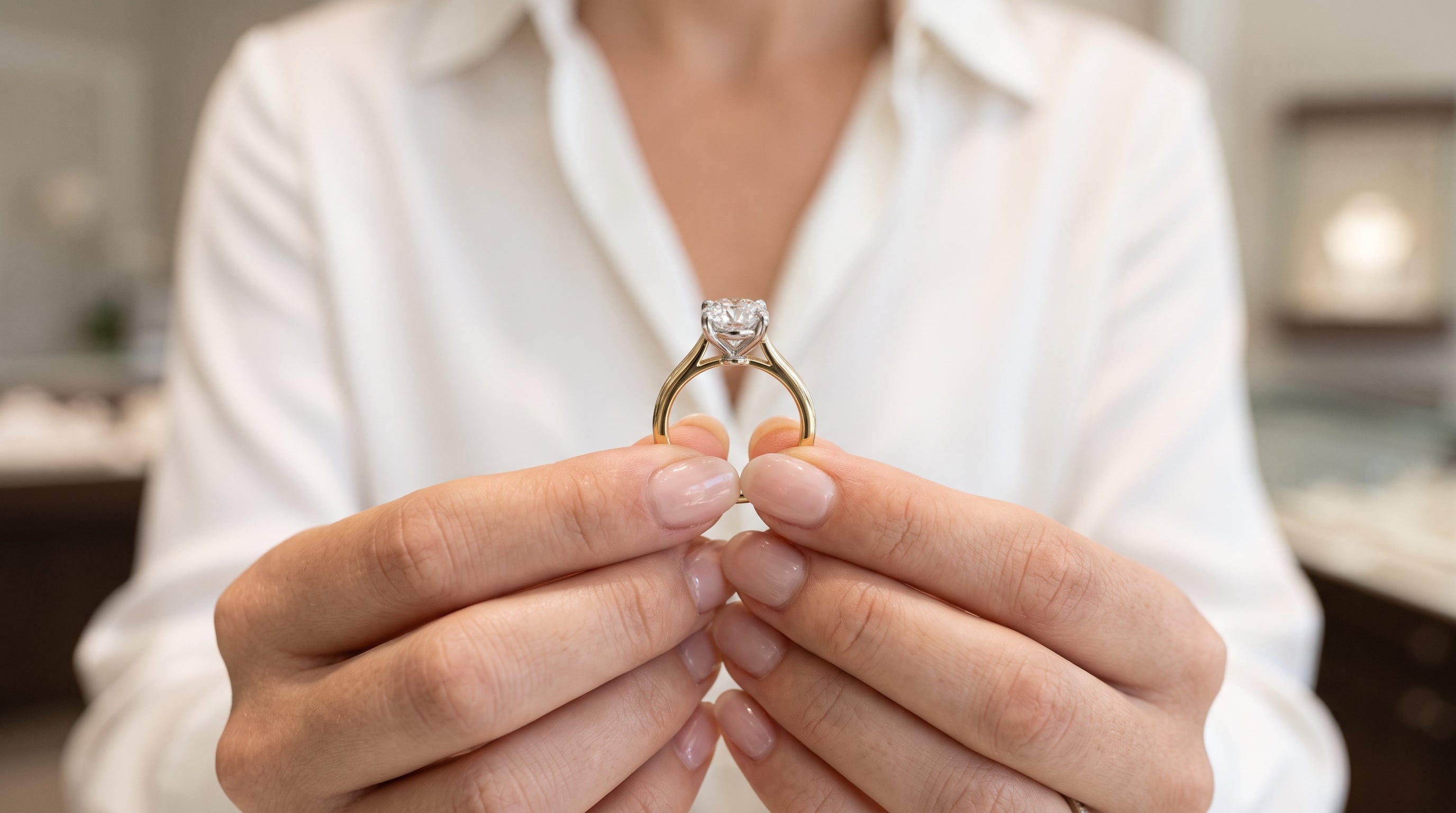 A bride smiles as she views a platinum and gold mixed metal engagement ring.