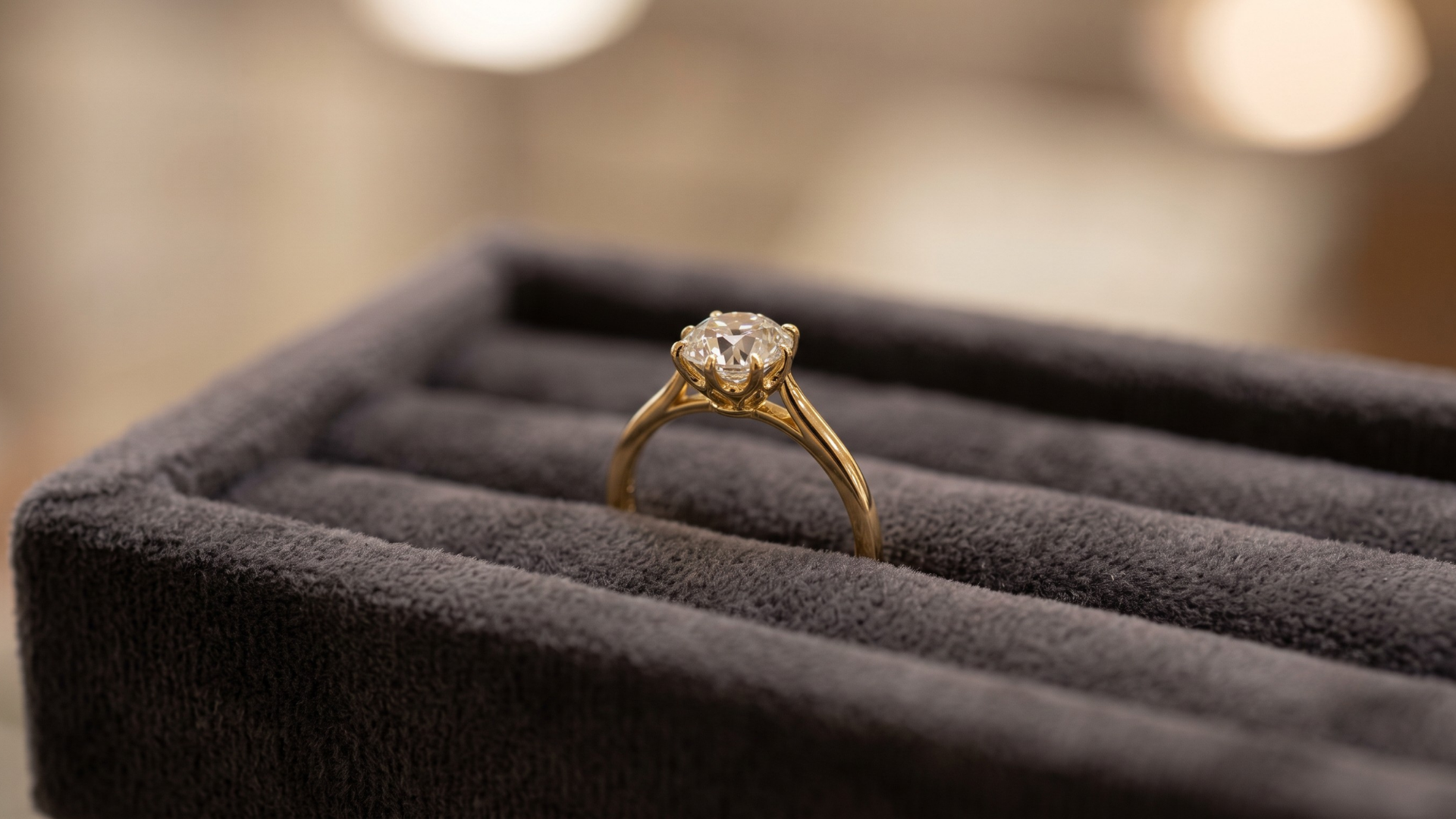 A custom yellow gold engagement ring with a family heirloom diamond on a velvet tray under warm lighting.