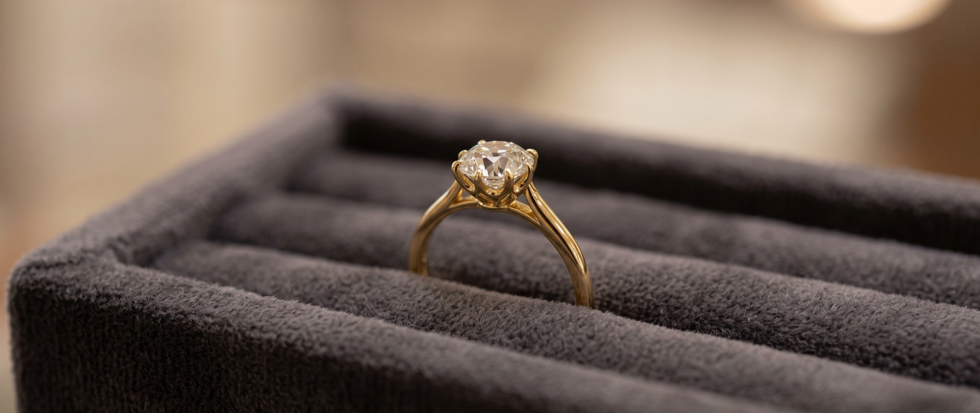 A custom yellow gold engagement ring with a family heirloom diamond on a velvet tray under warm lighting.