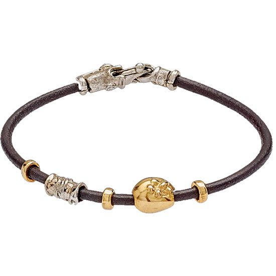 Single Strand Leather and Gold Bean Bracelet