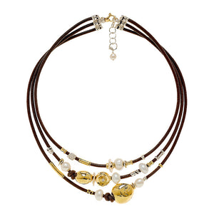 Triple Strand Gold and Pearl Leather Necklace
