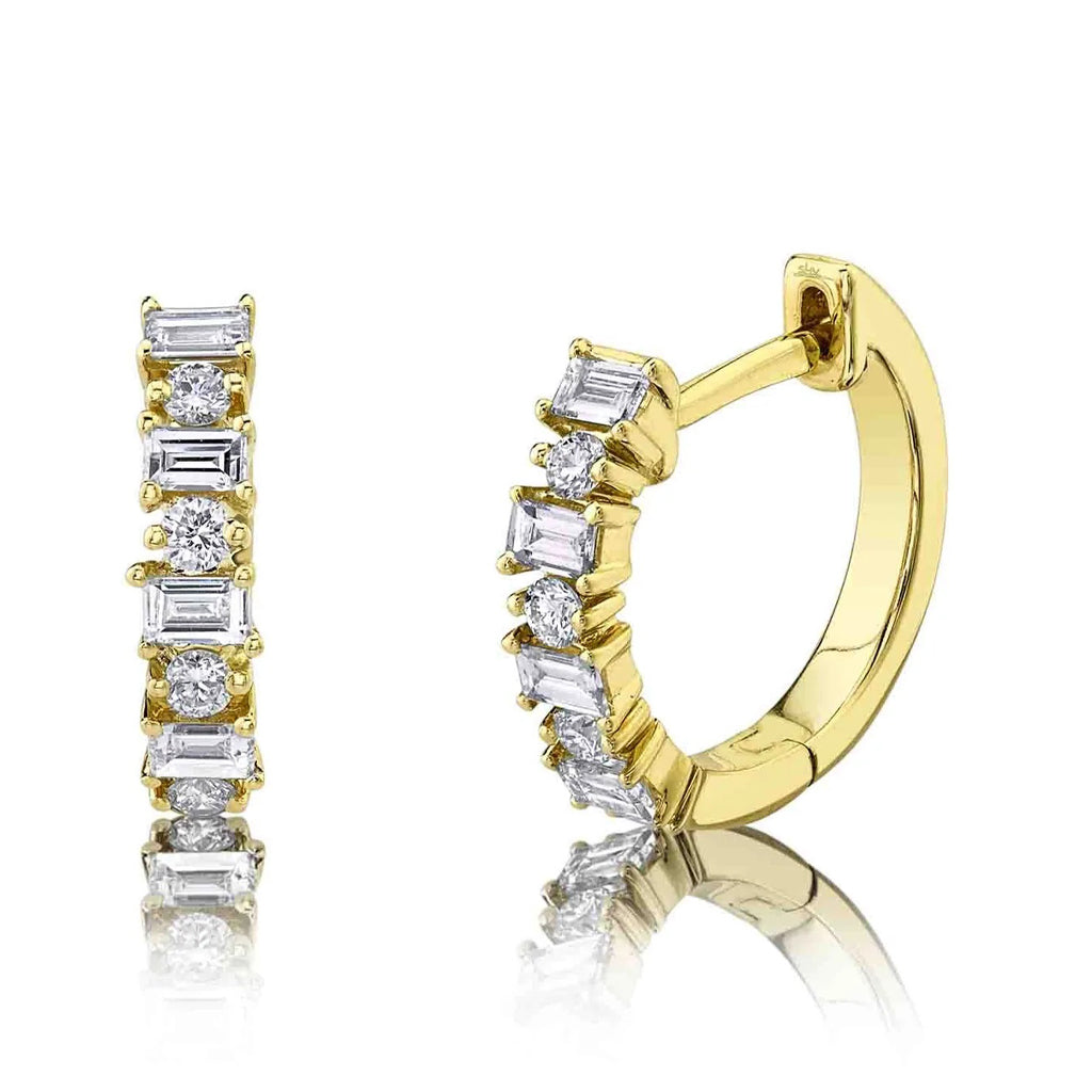 Baguette and Round Diamond Huggie Earrings