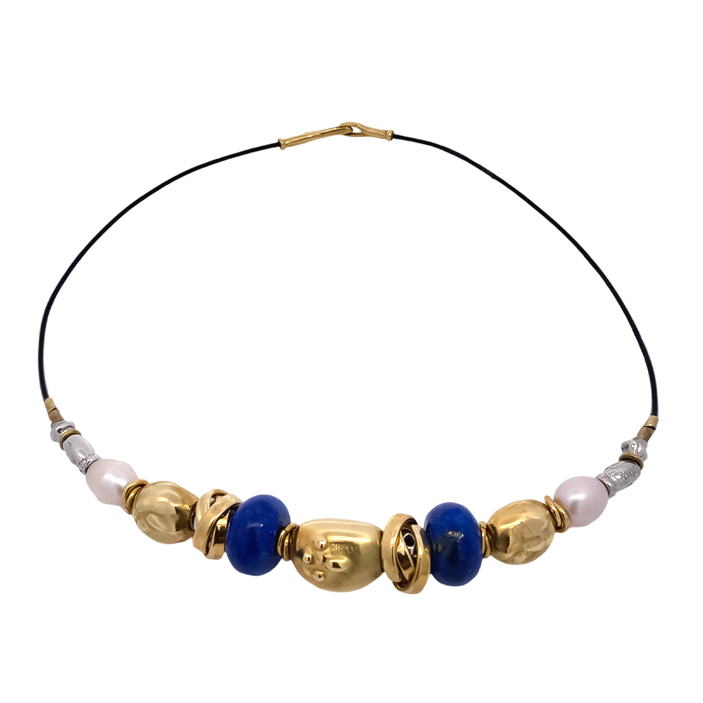 Thin Leather and Lapis and Pearl Necklace