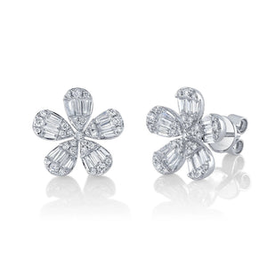 Baguette and Pave Flower Stud Earrings