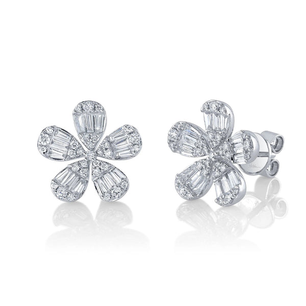 Baguette and Pave Flower Stud Earrings