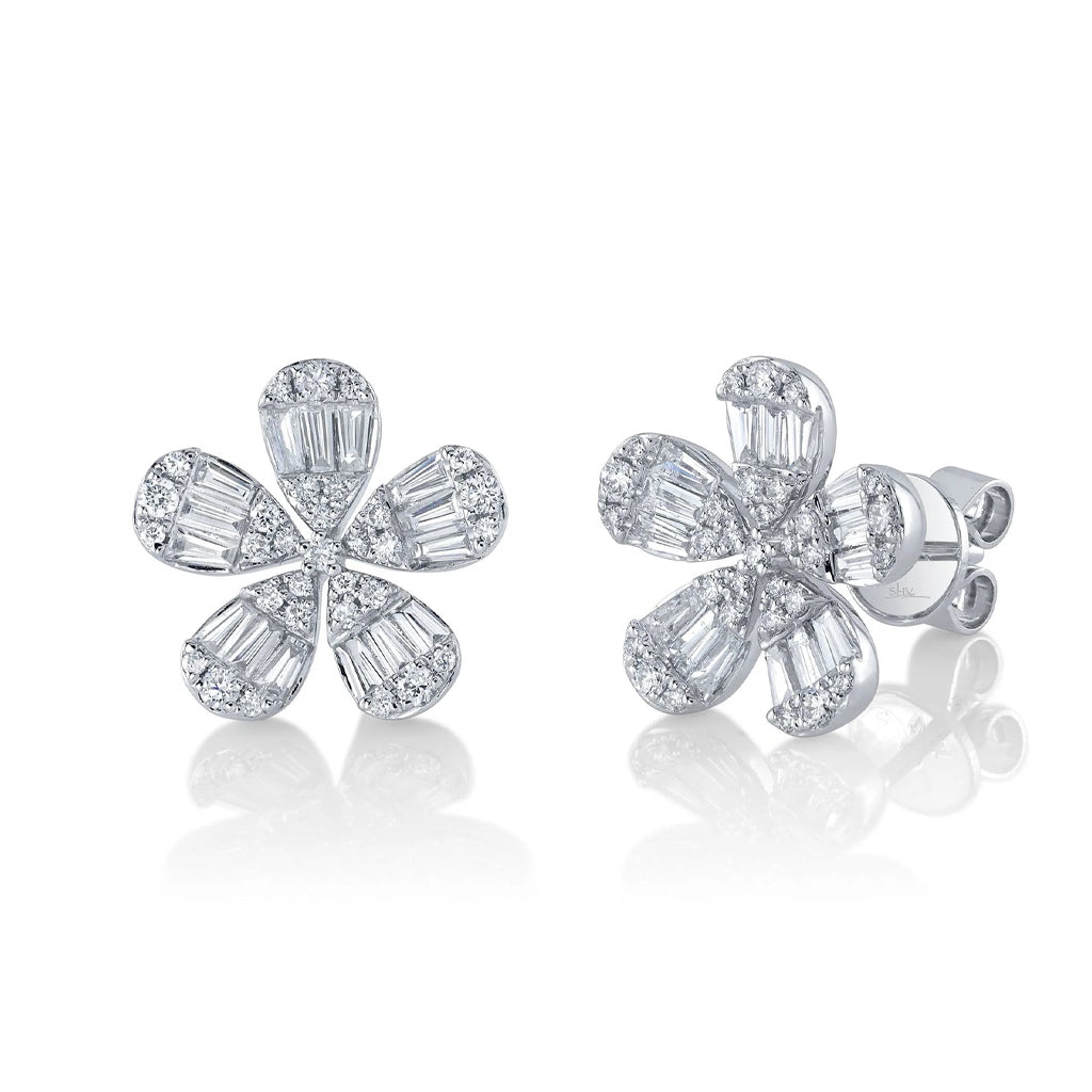 Baguette and Pave Flower Stud Earrings