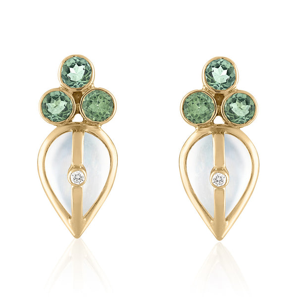 Green Sapphire, Diamond and Moonstone Earrings