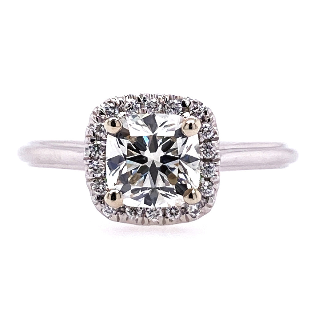 White Gold Pave Halo Cushion Cut Ring
