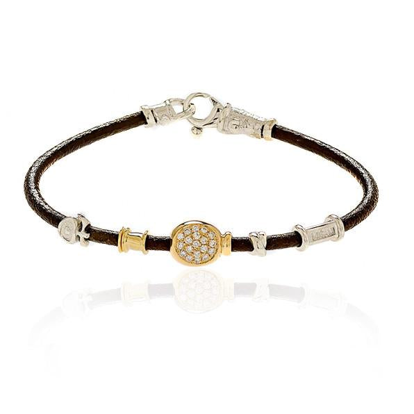 18k Gold Pave Diamond Bean and Leather Bracelet