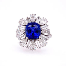 Cushion Cut Sapphire Ring Surrounded by Pear & Baguette Shaped Diamonds Ring from Pageo's jewelry shop.