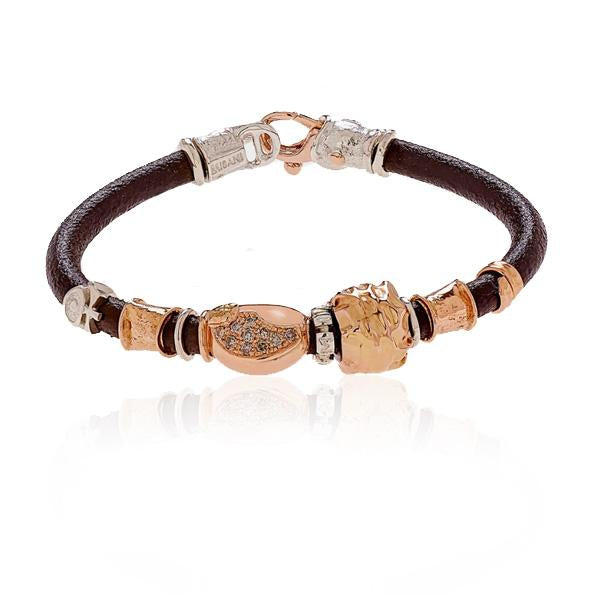 Thick Leather Rose Gold and Diamond Bean Bracelet