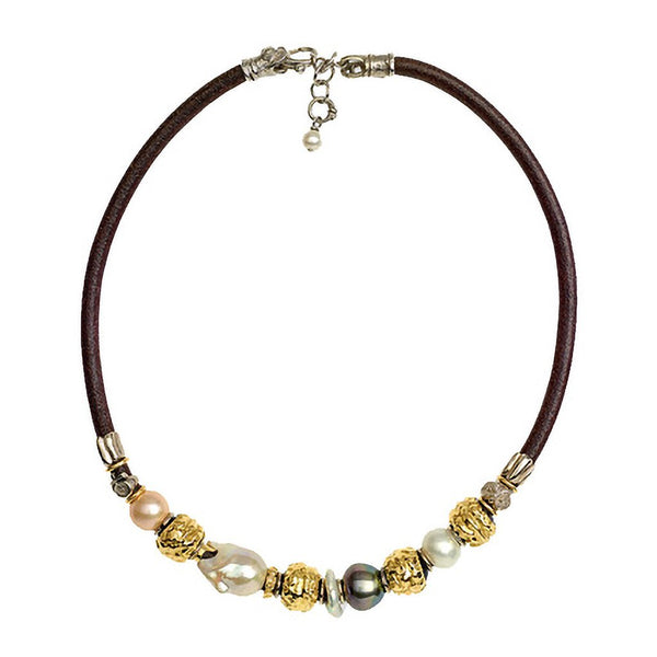 Leather and Mixed Pearl Necklace